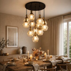 The Elegant Brass Finish Amber Ribbed Cluster Pendant