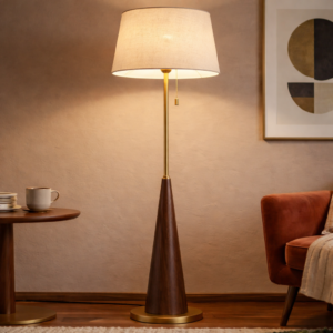 Tapered Walnut-Effect Metal Base Sculptural Floor Lamp (Model: F3237)
