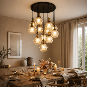 The Elegant Brass Finish & Amber Ribbed Cluster Pendant (Model - 1080/12)