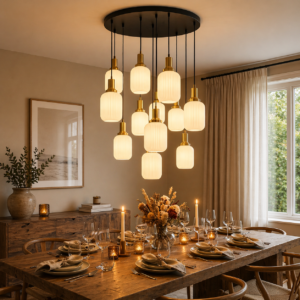 The Contemporary Opal Ribbed Glass & Brass Cluster Pendant (Model - 1097/12)