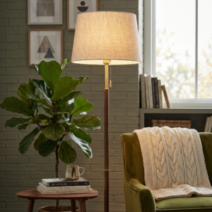 Walnut & Brass Mid-Century' Floor Lamp with Tapered Linen Shade (Model: F2056)