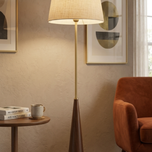 Tapered Walnut-Effect Metal Base Sculptural Floor Lamp with Linen Shade (Model - F3237)